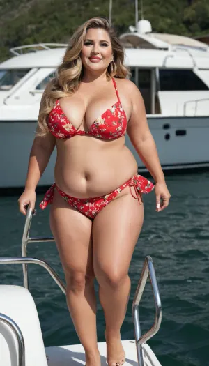 Very horny sexy old mature, 40 years old, huge hoop earrings, make up, fancy and glamour, dark blonde, tan skin, long wave hair, very chubby woman, plus size model, small tits, very tiny boobs, extreme chubby bbw, wide shoulders, large hips, thick arms, thick body, sexy naught smile face, very tall, focus on mules heels, very sexy mules, huge culottes, very thick calf, extrme high waisted bikini, very super high waisted bikini, red flowered bikini, at the boat, hands on hair, full body view, looking at the camera, showing her mules, walking towards the camera, very chubby