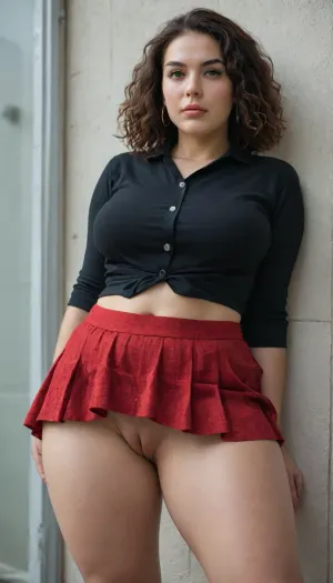 1girl BBW curvy, JS_ShortSkirt, red short skirt, standing, pussy, <lora:JS_MiniSkirt:.73>