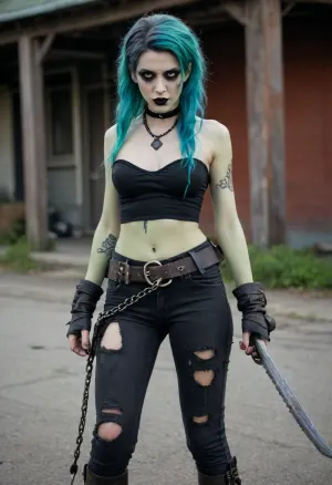 Full body, Nara, Wrathful Wraith, undead, female, readied stance, sadistic, lonely, aggressive, slightly manic, antagonistic, (pale mismatched skin), reanimated corpse, (corpse like complexion), (thin lips), (black makeup), (black lipstick), (light makeup), (long vibrant green blue hair), (hair swept to one side), (large tattered black bow in hair), (giant bloodied axe), (grapple hook and chain), (small crop top), (pants with holes in them and one leg ripped off), (thick gray belt), (pirate aesthetic), (Frankenstein aesthetic), (patchwork), (stitches all over), (scars all over), (bandages), (zombie like stance)