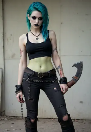 Full body, Nara, Wrathful Wraith, undead, female, readied stance, sadistic, lonely, aggressive, slightly manic, antagonistic, (pale mismatched skin), reanimated corpse, (corpse like complexion), (thin lips), (black makeup), (black lipstick), (light makeup), (long vibrant green blue hair), (hair swept to one side), (large tattered black bow in hair), (giant bloodied axe), (grapple hook and chain), (small crop top), (pants with holes in them and one leg ripped off), (thick gray belt), (pirate aesthetic), (Frankenstein aesthetic), (patchwork), (stitches all over), (scars all over), (bandages), (zombie like stance)