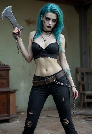Full body, Nara, Wrathful Wraith, undead, female, readied stance, sadistic, lonely, aggressive, slightly manic, antagonistic, (pale mismatched skin), reanimated corpse, (corpse like complexion), (thin lips), (black makeup), (black lipstick), (light makeup), (long vibrant green blue hair), (hair swept to one side), (large tattered black bow in hair), (giant bloodied axe), (grapple hook and chain), (small crop top), (pants with holes in them and one leg ripped off), (thick gray belt), (pirate aesthetic), (Frankenstein aesthetic), (patchwork), (stitches all over), (scars all over), (bandages), (zombie like stance)