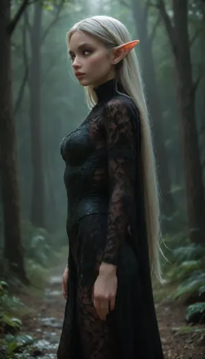 (1 extremely beautiful elf girl standing in a dark eerie forest:1.6), (closeup angle:1.4), (side view), big thin cute lips, (extremely small beautiful face:1.6), white hair, (extremely long hair), extremely straight hair, (sexy black fishnet armor:1.3), (fully clothed), white skin, very long thick eyelashes, (light white eyes), (extemely cute petite body:1.4), collarbones, multiple big necklace, earrings, (cute tiny breasts), small waist, bubble butt, (extremely thin petite thighs), long legs, (extremely perfect big beautiful eyes:1.8), (perfect face), 8k, (dark evil forest at night), evil moon, white, sclera, eyes, R3g4l, 3lv3n, woman, courtyard, armor, cloak, sword, castle, dark, chiaroscuro, low-key, <lora:white sclera v2:1.3>, <lora:rknArouseXL:.4>, <lora:Regal_Elven:.8>, <lora:1366408_training_data:.8>, <lora:zavy-cntrst-sdxl:.8>
