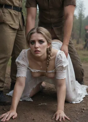 masterpiece, beautiful Russian peasant, best quality, 25 years old, mature, on all fours, fucked by men, ((small tits are clearly visible)), nipples sticking out, dressed, (((dirty, worn, torn white dress of a Russian peasant woman of the Victorian era of the 1800s))), blonde hair braided, hands pulled back, abuse, devastation, fear, gangbang, (((Makeup is ruined, mascara is running))), (((Small breasts are clearly visible))), outdoors in a Russian village of the 1800s. Harsh military photo. Men in military uniforms from the Second World War.