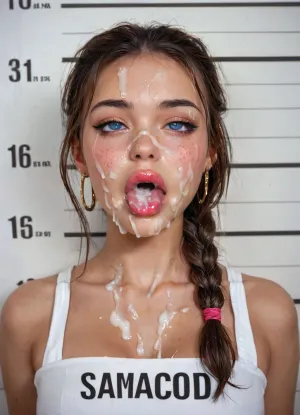 looking into camera, eyes half open, a bit naughty look, a bit angry, 1girl, whore, slut, slutty face, blond hair, hair is tied in a bun, lush hair, pink lipstick, large lips, duck lips, perfect face, detailed, ahegao, (rolling eyes), tongue, excessive cum, mugshot, front view, cum on hair, clothed, facial, cum, on, face, breasts, stomach, covered, in, perfect, <lora:Facials:.5>, shy 18 yo girl, youthful face, third Asian, third Latina, third European, mixed race, adorable, slim body, slapped buttocks, slapped on face, beautiful innocent big blue eyes, light freckles, submissive, big round athletic ass, half open eyes, shy, blushing, sensual, long blond hair, one loose braid, luscious sensual lips, red lipsticks, black eyeliner, waist, hourglass figure, ultra detailed, highly detailed, masterpiece, cute, looking at camera, clean face, <lora:Madison_Beer_2020_SDXL_JugX_trigger_m4d1s0n-000076:.8>