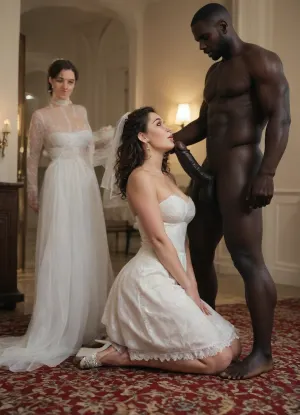 interracial, cuckold image, bbc cuckold, humiliation cuckold image, (A beautiful and romantic curvy and stunning hotwife bride and groom in sexy slutty wedding clothes and loser cuckold groom in suit, kneeling together), in a decorated honeymoon room, (hajleh), warmly embracing each other with love and passion. Soft lighting, rose petals scattered on the floor, dreamy and sensual atmosphere, traditional Middle Eastern decor, soft facial expressions, intimate and emotional mood, cinematic style, high detail., ((and then five muscular black skin brut standing around them and put their giant black cocks near their face.))