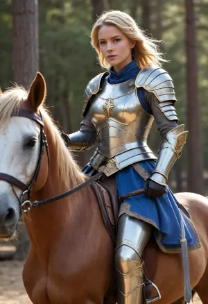 Full body, Temesia, Lightsavior, human, female, (sturdy build), (mounted knight), (Templar), (paladin), neat, tidy, clean, very hardworking, strict, charming, lesbian, beautiful, flawless, devout, (wielding dual bladed great sword), (short messy golden blonde hair), (light purple eyes), (bulky silver full plate armor with gold accents), (wearing blue clothes under armor), (massive amber gemstone embedded in her chest plate), (riding a brown horse with matching silver and gold armor)