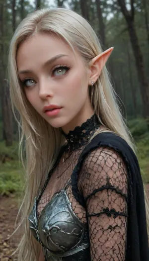 (1 extremely beautiful elf girl standing in a dark evil forest:1.4), (close up angle:1.8), (side view), big thin cute lips, (extremely small beautiful face:1.3), white hair, (extremely long hair), extremely straight hair, (beautiful black fishnet armor:1.4), partially clothed, white skin, very long thick eyelashes, (light blonde eyes), (extemely beautiful petite body:1.4), collarbones, multiple big necklace, earrings, (cute tiny breasts), small waist, (cute bubble butt:1.3), (extremely thin petite thighs), long legs, (extremely perfect big beautiful eyes:1.8), (perfect face:1.3), 8k, (dark forest at night:1.2), white, sclera, eyes, R3g4l, 3lv3n, woman, courtyard, armor, cloak, sword, castle, dark, fantasy, <lora:white sclera v2:1.3>, <lora:rknArouseXL:.8>, <lora:Regal_Elven:.8>, <lora:1366408_training_data:.8>, <lora:dark_fantasy_art:2>