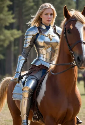 Full body, Temesia, lightsavior, human, female, sturdy build, (mounted knight), Templar, paladin, neat, tidy, clean, very hardworking, strict, charming, lesbian, beautiful, flawless, devout, (wielding dual bladed great sword), short messy golden blonde hair, light purple eyes, (bulky silver full plate armor with gold accents), wearing blue clothes under armor, (massive amber gemstone embedded in her chest plate), (riding a brown horse with matching silver and gold armor)