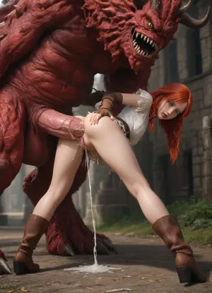 Full view, A beautiful sexy petite fantasy woman gets fucked by a gigantic dragon, woman has small boobs, long red hair, torn medieval dress, ultra high definition, shaved pussy, the monster is holding her, a gigantic monster dragon forces his gigantic cock deep in her ass, fear, terror, masturbating, rubbing her clit, scared look on her face, ass stretched to fit monster cock, legs spread open, knees to chest, deep anal fuck, lots of cum squirts out of her pussy, dark fantasy world, the dragon is gigantic compared to her, gigantic dragon, wearing gloves, side view, wearing a belt, wearing boots