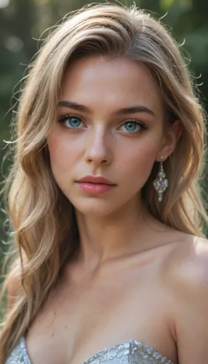 A beautiful young woman with long blonde hair, blue eyes, and pale skin stands next to a white lio.n with silver fur. Silver glitter adorns her face, in the style of fantasy art. The scene is captured with cinematic lighting and a sharp, high-resolution focus, creating a hyperrealistic, ultra-detailed fantasy image.