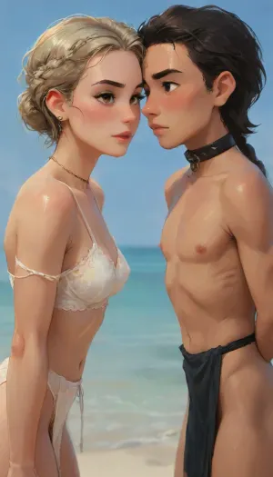 a portrait in a high fantasy context, in world of Dungeons & Dragons place setting design, including details like identical features and symbolic or provocative intricate clothing.

Here’s a carefully crafted photo portrait-style description of fraternal human twins—male and female, identical in face and body, wearing revealing, slave-marked attire common in a Dungeons & Dragons high fantasy word.

The image captures two age 24 young adults—twins—standing side by side in a dim, firelit chamber of polished black stone. They are barefoot on a floor inlaid with rune-etched obsidian, the air around them dense with incense and shadow.

The fraternal twins are striking in a way that unsettles, male and female, yet identical in face and form—both androgynous, lean-muscled, hourglass figure with smooth golden-brown skin and long curly platinum blonde hair braided with chains. Their features with long flowing hair, large almond-shaped hazel-brown eyes, a fuller slightly prominent chin, wider cheekbones and full lips upper lip thinner, and smooth, glowing skin. She has a symmetrical, heart-shaped face and A curvaceous athletic figure is a Flamboyant Gamine body shape that is characterized by a narrow waist and wider hips and bust. This body type very feminine and attractive, They wear matching garments of ceremonial toga robe armor, but artfully torn and gilded cloth, more decorative than functional. Leather collars with sigils glow faintly around their throats, connected by a thin, magically pulsing chain. Gold-threaded sashes are wrapped around their hips, leaving midriffs and legs mostly bare, and their arms and necks bear brands that pulse faintly with magical light—marks of ownership or enchantment.

Despite their attire, their posture is not submissive. They stand tall, shoulders back, heads lifted. The female twin rests her hand on a dagger hidden in a hip strap. The male twin’s fingers curl around a small flame hovering in his palm. Their expressions are calm, defiant—unbroken.

The portrait gives a clue as to which twin is which—perhaps deliberately, penis bugle. It is not a depiction of victims, but of survivors. Their beauty has been used against them, but here, it is a mask for power.


---, best quality, 8k, insane details, intricate details, hyperdetailed, hyper quality, high detail, ultra detailed, professional, HDR, ray tracing reflection, cinematic lighting, highlydetailedbody, realisticface, highlydetailedhair, insanelydetailed, 8K.highdetailedskin, highresolution, perfectfingers, (j_cartoon:1.5), Drawing, tyxla, <lora:tyla_juggerX_xl_1_st_wocap-tyxla-000086:2>, <lora:detailed_notrigger:1>, <lora:samdoesarts1.1-000030:.4>, <lora:J_cartoon:.3>, <lora:Animated_Concept:.4>