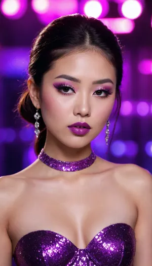 Euphoria style make-up, purple lipstick, glitter rouge, eyeshadow, cheek jewels, neon colors, Asian babe