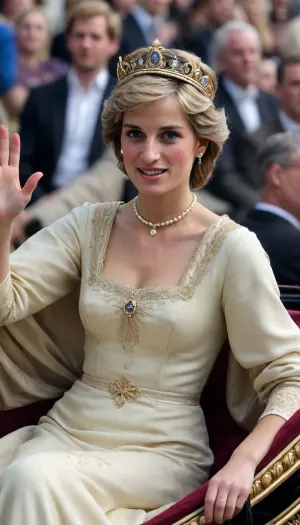 4K realistic UHD picture of Princes Diana in her Royal attire sitting on a open hooded Rollsroys waving hand to the crowd