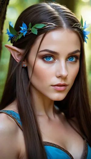 Beautiful wood elf, long straight brunette hair, piercing blue eyes