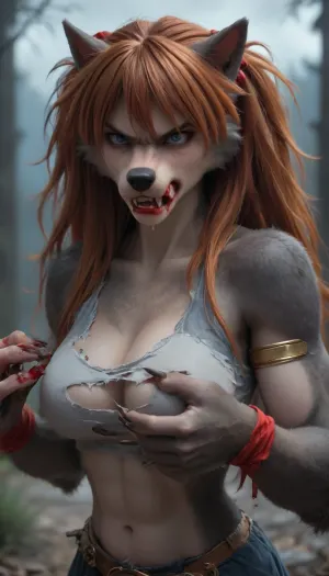 ((((Asuka Langley)))), solo, ((long claws)), no tail, ((athletic)), (((furry angry bad dark grey Werewolf skin:2))), (((torn dancer outfit))), big breasts, (((blood on the hands and blood dripping from the mouth))), outdoor night, score_9, score_8_up, score_7_up