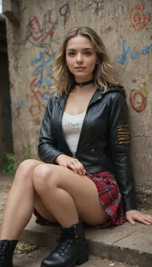 "masterpiece, detailed_eyes, high_quality, best_quality, highres, absurdres, 8k, subject_focus, depth_of_field, ancient ruin, colorful abstract waves, graffiti, brush textures, pixel wind, woman, hood, oversized_jacket, leather_jacket, zipper, choker, single_knee-high, platform_boots, (sitting_on_heels:1.2), frilly_dress, ruffled_skirt, ribbons, glitter, saggy_breasts, small_breasts, small_waist, thick_thighs, slim, blonde, brown_hair, long_hair, very_straigh_hair, mascara, long_lashes, glossy_lips, expression_teasing_smile, angle_dynamic_fashion_angle​​​".