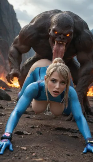 samus aran, in pleasure, on all fours, destroyed clothes, exposed breasts, fucked from behind, huge alien monster, extreme massive penis, massive balls, cum in ass, volcano