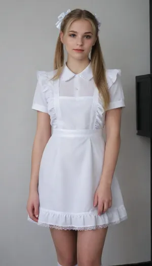 beautiful blonde 18 years old with ponytails woman, white bows, black dress, white apron, soviet schoolgirl, white lingerie, white shoes, high heels, lewddungeon, background black walls, suxl, <lora:suxl:.8>
