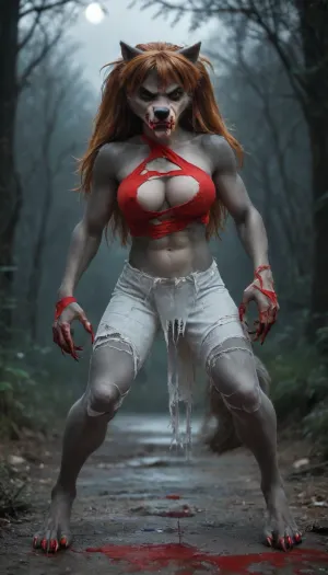 ((((Asuka Langley)))), solo, ((long claws)), no tail, ((athletic)), (((furry angry bad dark grey Werewolf skin:2))), (((((torn dancer outfit))))), big breasts, (((blood on the hands and blood on the mouth))), outdoor night, full body, score_9, score_8_up, score_7_up