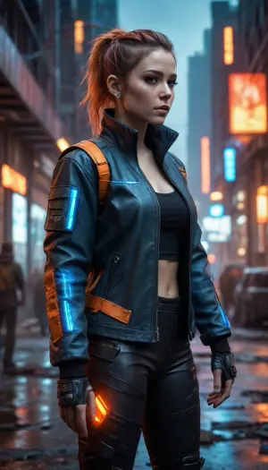 A futuristic cyberpunk character with an edgy, high-tech jacket featuring glowing neon blue and fiery orange accents, metallic details, and rugged textures, illuminated by moody cinematic lighting in a dystopian city scene filled with glowing red and orange lights, scattered debris, and dark industrial tones, dynamic and detailed, hyper-realistic, vibrant colors, atmospheric and immersive