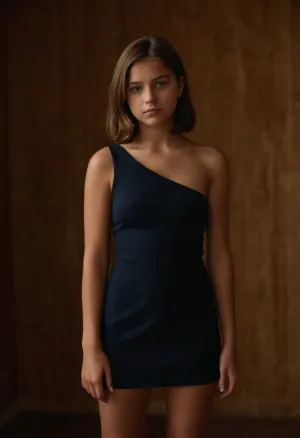 Facing forward, ((Very short girl)), 18 years old, Caucasian, youthful features, innocent face, tanned skin, straight brown hair, ((thick thighs)), wearing a small sleeveless dress showing sideboob, ((sideboob visible)), <lora:Sideboob_XL:1.5>