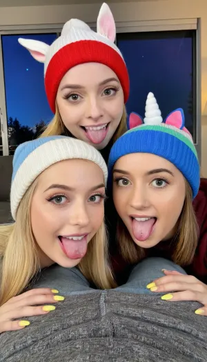 The image shows two female, posing closely together, wearing playful, (colorful beanies with cartoon-like designs:1), Person on the Left, 1 feet farther away • They are wearing a white beanie with a blue trim and blue cartoon-like features resembling a smiling unicorn or an animal. Their expression appears curious or surprised, with wide eyes and slightly open lips. 2. Person on the Right, • They are wearing a red beanie with a yellow trim, featuring a design of an animal face with large eyes and a tongue sticking out. Their expression is relaxed, smiling slightly. They have long blonde hair that frames their face. 3. Background, • The background suggests an indoor setting with warm lighting, possibly a living room or dining area. A window behind them reveals some city lights at night. The overall tone of the image is casual and fun, showcasing a moment of lighthearted enjoyment between the two individuals.