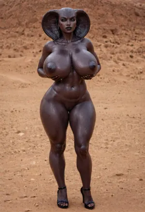 1 person, (anthropomorphic thick female cobra:1.3), beautiful young face, Natural Breasts
Huge boobs
ultra sexy cobra woman general, bigger cobra woman general, bigger lips, thicker lips, saggy breasts, bigger breasts, high heels, milf, cobra woman standing, bounce line, full hug, desert, gigantic saggy breasts, dark shiny skin, huge hips, massive breasts, (big puffy long black nipples), breasts reach midsection, voluptuous body, (naked), high detail, ultrarealism, photorealism, 30mm lens, ISO 100, (ultra high quality), 8k, extremely detailed picture, hyper realistic, HDR, extreme detailed, octane render, (extremely detailed photorealistic body:1.2), photorealistic, hyperdetailed, realistic, hyperrealism, professional photograpy, cinematic photography, (beautiful face:1.1), (beautiful cobra woman:1.5), detailed great face, (Great cobra body features:1.4), cheeky face expression, (smooth high textured black skin:1.3), (realistic sweat:1.4), (total black obsidian-colored skin:1.9), hairless pussy, shaved pussy, (thick black lips), big face, toned stomach, hard nipples, hyper waist, thick thighs, phat thighs, sexy thighs, tight ass, bubble butt, (Best Quality), (photorealistic), (hyperrealistic), intricate details, profesionalphotograpy, hdr, cinematicphotography, real woman human face, 32k, (hyper big tits:1.3), (wide hips:1.2), (thick thights), (hyper big round butt:1.2), (eye shadows), thick body, pawg girl, seductive face, bad, anatomy, hands, feet, flat, chest, big, breasts, huge, gigantic, small, hips, thighs, wide, thick, plump, belly, muscular, female, arms, extra, abs, <lora:badanatomy_SDXL_negative_LORA_SeaArtXL_v1:.6>, <lora:Venus_Body_Alpha:1.3>, raw, lighting, overexposed, harsh, flash, <lora:Rawfully Stylish v0.2_epoch_20:.8>, naga, <lora:NagaSDXL:.8>