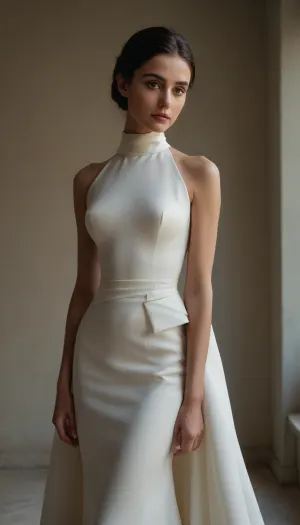 Avant-garde bridal gown with a bold architectural design. The upper bodice is fully covered, made from soft, loose-flowing matte fabric such as heavy crepe or structured chiffon. The fabric gently drapes over the shoulders, neck, and chest, forming a modest high-neck collar and covering the bust without clinging to the body. Curvy iranian bride, The coverage ends abruptly and precisely just at the nipple line — creating a dramatic and intentional cutoff with no lace, mesh, or transition. Below this point, the skin is fully exposed or transitions directly into a minimalist high-waisted skirt, making the exposed midsection an intentional and striking design feature.

The contrast between the modest, flowing upper section and the sudden exposure beneath creates a radical, editorial look that challenges traditional bridal aesthetics. The overall silhouette is clean, minimal, and sculptural.

Color palette, pure white or ivory, with no embellishment — relying on shape and concept alone for impact. Accessories, none or very minimal, to emphasize the raw form of the gown.