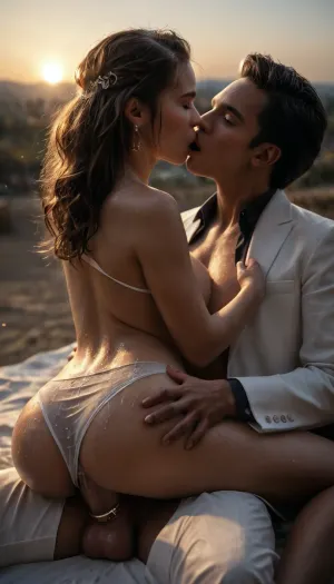 masterpiece, award winning photo, detailed face, realism, passion, lusty, horny, ultra realism, UHD 8K, extreme realism, maximum detail, best quality, 8k, highly detailed, <lora:RMSDXL_Enhance:.8>, interracial, big strapon with golden cock ring, Persian petite tranny, futa woman, female orgasm, orgasm, (anal sex, deep anal penetration), Female Ejaculation, tranny, shemale, jerking, masturbation, erect-futa ejaculation, wet erect-penis cumming, wet sweaty testicles, erect-futa, erect-penis, woman, testicles, erection, pushes the bride's panties aside and shoves his big cock all the way into her ass, all the way to her balls. Next to the picture is a, ((white man in a white suit)), kissing the bride's belly as her cuckold husband.girl, laying, <lora:GirlPOV:1>, <lora:Dramatic_penis_SDXL:.5>, (ultrarealistic:1.5), <lora:dark:.3>, <lora:MJ52:.5>, (bokeh), (long exposure), (backlight), sunset