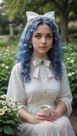 {', MORE_DETAILED_CAPTION, ', 'The image is a photograph of a girl, 18 years old, She is naked blue wig with, (white bow:1.4), on top, . Big blue expressive eyes and a doll-like face. The girl is sitting at a table, in front of her is a teapot and a cup of tea., (The background is green, decorated with white daisies:1.4), The girl's face is 18 years old. She has a pale complexion, and, (her hair is styled in a voluminous curly blue wig with long curled locks at the temples), The background is blurred, (but it appears to be a garden or park with white flowers. The girl is wearing white stockings:1.4), with, (lace top:1.4), and white shoes with bows instead of bangs. The frontal hair is cut in a column., (A large white bow on top of her head:1.6), edgBisqueDoll, doll, edgBisqueDoll_clothing, edgBisqueDoll_hair, edgBisqueDoll_face, edgBisqueDoll_body, <lora:edgBisqueDoll:.8>, pulld, <lora:pulld_3:.8>, tittysuck, <lora:tittysuck:.8>