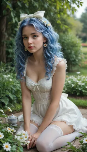 {', MORE_DETAILED_CAPTION, ', 'The image is a photograph of a girl, 18 years old, She is naked blue wig with, (white bow:1.4), on top, . Big blue expressive eyes and a doll-like face. The girl is sitting at a table, in front of her is a teapot and a cup of tea., (The background is green, decorated with white daisies:1.4), The girl's face is 18 years old. She has a pale complexion, and, (her hair is styled in a voluminous curly blue wig with long curled locks at the temples), The background is blurred, (but it appears to be a garden or park with white flowers. The girl is wearing white stockings:1.4), with, (lace top:1.4), and white shoes with bows instead of bangs. The frontal hair is cut in a column., (A large white bow on top of her head:1.6)