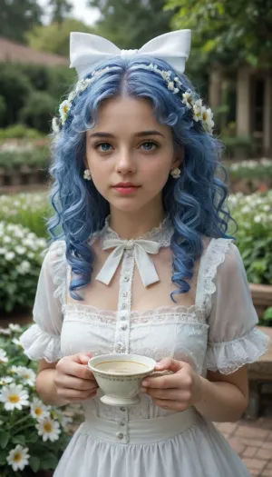 {', MORE_DETAILED_CAPTION, ', 'The image is a photograph of a girl, 18 years old, She is naked blue wig with, (white bow:1.4), on top, . Big blue expressive eyes and a doll-like face. The girl is sitting at a table, in front of her is a teapot and a cup of tea., (The background is green, decorated with white daisies:1.4), The girl's face is 18 years old. She has a pale complexion, and, (her hair is styled in a voluminous curly blue wig with long curled locks at the temples), The background is blurred, (but it appears to be a garden or park with white flowers. The girl is wearing white stockings:1.4), with, (lace top:1.4), and white shoes with bows instead of bangs. The frontal hair is cut in a column., (A large white bow on top of her head:1.6), edgBisqueDoll, doll, edgBisqueDoll_clothing, edgBisqueDoll_hair, edgBisqueDoll_face, edgBisqueDoll_body, <lora:edgBisqueDoll:.8>
