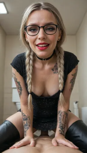 (gorgeous milf:1.2), (mature:1.2), small breasts, (cute face), (wrinkles:1.2), (slender), (skinny:1.2), wicked smile, (orgasm), moaning, (narrow face:1.1), wide jaw, wide cheekbones, (sharp face features:1.1), (snub-nosed), big eyes, wide open eyes, (kneeling:1.2), white hair, (freckles), (eye contact), (looking at viewer), front view, (wearing black bodycon dress), (black dress), (fitted mini dress), (short sleeve dress), deep neckline, downblouse, cleavage, (polka dot dress:1.2), clothed sex, (gothic makeup:1.2), (red lipstick:1.2), (big lips), (wide mouth), tan lines, (thigh-high-boots:1.2), (black framed glasses), (girl on top), view from below, looking down, knees down, pubic hair, (sitting on dick), (vaginal sex), pov cowgirl sex position, pov riding, pov sex, (long braids:1.2), (long hair), (thick pigtails:1.2), (lush hair), (black chocker:1.2), (long eyelashes:1.2), (quick sex), (big tattoo on all over the body:1.3), (tattooed body:1.2), (inked skin:1.3), (goth slut), (gothic whore), dirty public toilet room, no lighting, dim lighting