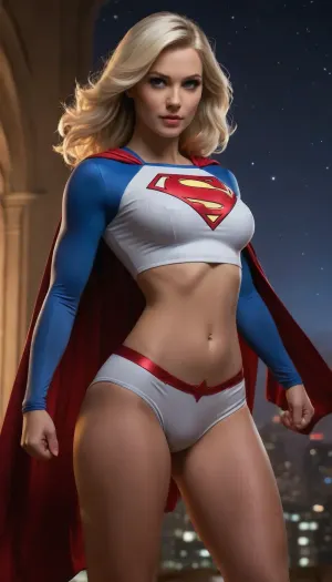 A stylized Supergirl, inspired by artist J Scott Campbell, (((https, //comicartcommunity.com/gallery/details.php?image_id=41936))), ((pulling up a tight crop top)), over her big boobs. S emblem on crop top, She has long platinum blonde hair and a fierce, determined expression. Her outfit is a sexy, toned midriff, modern take on a superhero costume, with a tiny cape and short skirt, rendered in soft colors with subtle blue accents. The pose is dynamic and confident, emphasizing her strength and allure, reminiscent of classic pin-up comic art styles.of J Scott Campbell Art Style & Texture, •	Comic book pin-up aesthetic
	•	Light ink shading, smooth skin and fabric highlights, (Star filled night sky), •	Soft color accents with bold outlines

Hashtags, #PhotonSuperSiren #ComicHeroine #PowerPose #PinUpJustice #SilverStrength #HeroReveal #DynamicBeauty #StylizedSupergirl #SexySuperpowered #CapeAndCurves, <lora:387205_training_data:1.5>