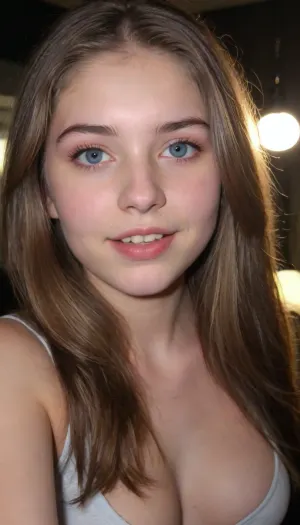 (((Dark Room))), (((little lighting))), (((Night time))), (((camera flash))), light off, (harsh flash:1.2), (((Amateur Photo))), (((candid Photo:1.3))), (Teen:1.8), (shot on an iphone:1.3), strikingly beautiful 18 year old fashion model, posing, amateur Polaroid instant photo, night time dark room, lights off, bad lighting, flash photography, intimate pose, shy smile, long hair covering breasts, brunette, beautiful blue eyes, dark eyebrows, perfect eyes, thick waist, small tits, wide hips, big ass, mouth slightly open, dull look, highest quality, insanely detailed photo, masterpiece, detailed skin texture, (chubby:1.2), flat nipples
