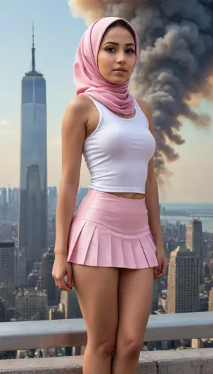 shy 25 year old girl wearing a pink hijab sitting on a cloud in heaven, (sitting on a fluffy cloud in the sky:1.1), (movie poster:1.1), (hijab:1.3), full body shot, (beautiful face:1.2), (New York skyline in background:1.2), (airplane crashing into a skyscraper:1.2), (huge explosion on skyscraper, World Trade Center, September 11), (huge fireball on skyscraper), (terrorist attack), (pink platform high heels), (white cotton tank top), (brown skin), (Arab girl), (Muslim), (light pink pleated latex micro skirt), (extremely short micro skirt), (nude legs), upskirt