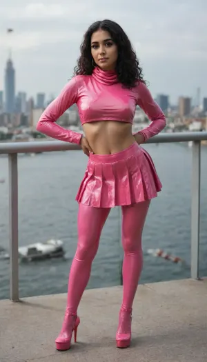 shy 25 year old girl wearing a pink hijab, full body shot, (very embarrassed), (sitting on a cloud in the sky:1.1), (New York skyline in background), (airplane crashing in a skyscraper and exploding:1.1), (feeling exposed), (pink platform high heels), (hands behind her back), (brown skin), (Arab girl), (dark hair), ((standing insecurely:1.1)), (Muslim), (ultra short light pink pleated latex micro skirt:1.4), (extremely small pink latex micro skirt:1.3), (micro skirt riding up), (plateau high heels:1.3), (well-built upper body)