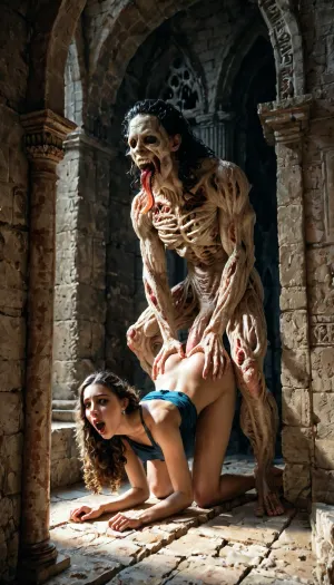 horror monster, fucks a woman, big cock, stands doggy style, on his knees, clothes torn, mouth open, lots of women around, holds by the hair, ancient castle