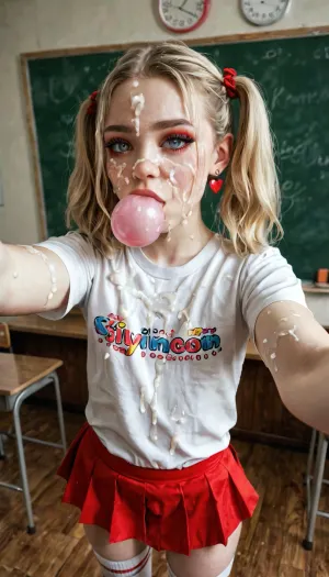 20 years old girl, classroom, blonde pigtails, bubble gum, long white socks, mini mini red skirt, white short shirt, perfect vagina, flat chest, calm face, pores, thick hips, Cum all over her face and tits, bukkake boobs her face too, bukkake, cum, thick white slimy cum, ruined, thick loads, dripping, sticky facial, cum in eye, slimy white cum dripping, makeup ruined, look at yourself slut, selfie in the mirror