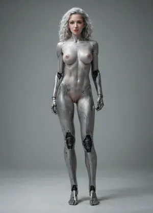 High resolution, super detailed, super realistic, Brunetka 25 lat, nude, silver skin, woman-cyborg, metallic skin, cyborg woman, steel skin, full body, perfect face, perfect metalic pussy