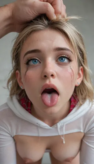 A full bodied cute girl, gwen stacy, spider-gwen, face down, looking at the camera, fucked deep in her mouth, (throatfucked:1.2), facialized, (cum on her face:1.2), running Mascara, freckles, (ahegao face:1.5), (hair pulling:1.2), (her tits visible:1.3), crying, blonde Hair, pale skin, big eyes, Happy face, mouth open, (mouth full of cum:1.3), blood in her face, blue eyes, dirty skin, (broken nose:1.3)