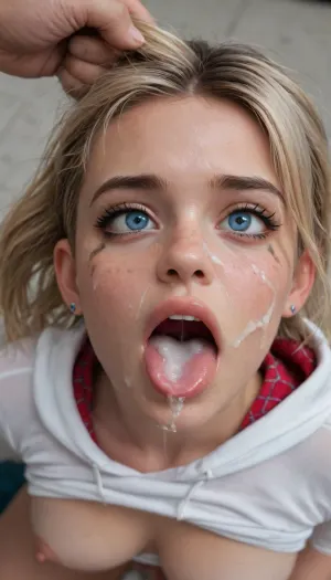 A full bodied cute girl, gwen stacy, spider-gwen, face down, looking at the camera, fucked deep in her mouth, (throatfucked:1.2), facialized, (cum on her face:1.2), running Mascara, freckles, (ahegao face:1.5), (hair pulling:1.2), (her tits visible:1.3), crying, blonde Hair, pale skin, big eyes, Happy face, mouth open, (mouth full of cum:3), blood in her face, blue eyes, dirty skin, (broken nose:1.3)