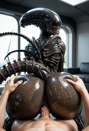 masterpiece, xeno, woman, black skin, xenomorph queen from alien, dark-skinned female, no hair, Ridge, ((massive ass:1.4)), ((perfect woman face)), (((human face))), ((perfect human pussy)), pussy fucking, big dick, POV, human dick, fuck with man, high detail pussy, high realistic, ((beautiful 20yo woman face)), front of head human from forehead transitioning to elongated back part xeno, human face of beautiful woman with normal teeth and eyes, oiled body, female, xenomorph, tail, xenowaifu, <lora:female_xenomorph_sdxl_V2:.8>