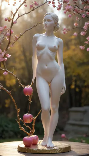 A dance with light: the enchanting glass girl amidst a grove of pink apples