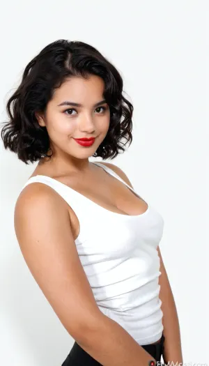 Petite, Front view photo, Passport photo, A 20 years old mexican woman, small breasts, brunette, wearing white tank top with cleavage, smiling, short wavy hair, round face, Black color hair, red lips, side set breasts, hyperrealistic photo, white background, Full HD, 8K, very small body, hairy arms