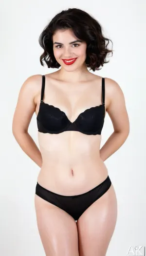Passport photo, A 22 years old mexican woman, small sagging breasts, brunette, wearing black bra, Black panties, smiling and laughing, hands on waist, short wavy hair, Black color hair, red lips, hyperrealistic photo, white background, Full HD, 8K, model