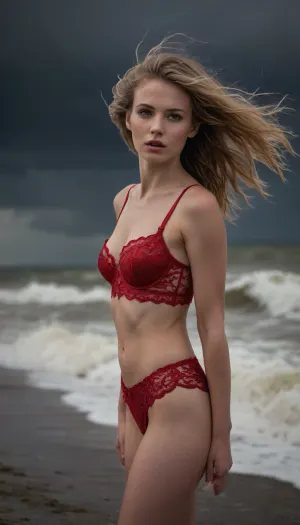 photography of a young woman, petite, slim, dark-blonde hair, pale skin, flatchested, small breasts, crimson-red lace-lingerie, lace-bra, lace-panties, standing at a dike at the German North Sea coast, stormy weather, thunderstorm, lightning strike, wind, blowing hair, high waves, dramatic.