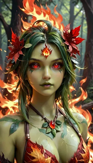 nude girl in her twenties, Sylvari, (((deep green skin))), intricate leaf pattern, ((burning red eyes)), ((fire elemental eyes, only eyes on fire)), (leaves for hair), shamanic clothes, wild, firece expression, dense magical forest, photograph, Leaves_Fantasy, Infernal, style, <lora:1431512_training_data:.8>, <lora:InfernalStyleXL-000006:.6>