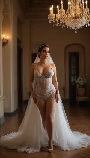 side view, pose like Pro pornstars, iranian super Busty Bride, curvy body, A highly realistic and seductive bridal gown, inspired by lingerie design. The dress features a bold underbust cutout, partially covered with sheer nude mesh for a sensual look, revealing the lower curve of the breasts without full nudity. The hips and sides are made from transparent lace panels. The skirt is floor-length, made of flowing white tulle with a slight train. The bride is curvy and full-bodied, with the dress tightly hugging her figure. She wears a long, delicate bridal veil. The scene is inside a luxurious Iranian wedding hall, decorated with golden chandeliers and flowers. Photorealistic, soft lighting, fashion photography style., underb00bhalter, bikini, swimsuit, underboob, <lora:triangle-bikini-XL-000006:2>, <lora:Sideboob_XL:1>