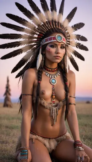 A adult beautiful slender Sioux Indian woman with a large colorful Indian Sioux feather headdress and war paint kneels on the prairie in front of a Native American totem pole, She has a pretty coquettish faded face, elaborate hairstyle, small breasts, detailed crystal eyes, light glowing irises, heartshaped lips, lip gloss, aroused skin, sunset, long shadows, ancient native mood, detailed photo, photorealistic photo, realistic pretty women photo, night vision, soft fokus, parallax, overexposure, view from back, #©KITTYART



































#©KITTYART